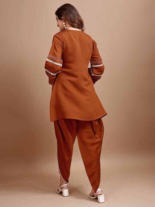 Rust color silk blend with white thread embroidered tunic and dhoti Co-ord set